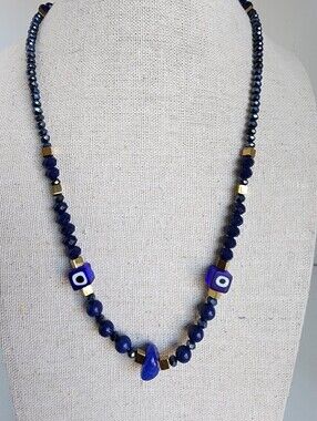 Blue Lapis Lazuli Agate Evil Eye Necklace Hematite Crystal Adjustable 18-22"
